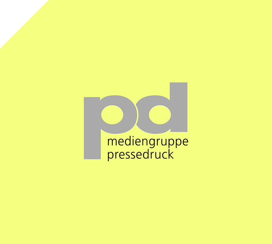 Logo pd Mediengruppe Pressedruck auf gelbem Hintergrund